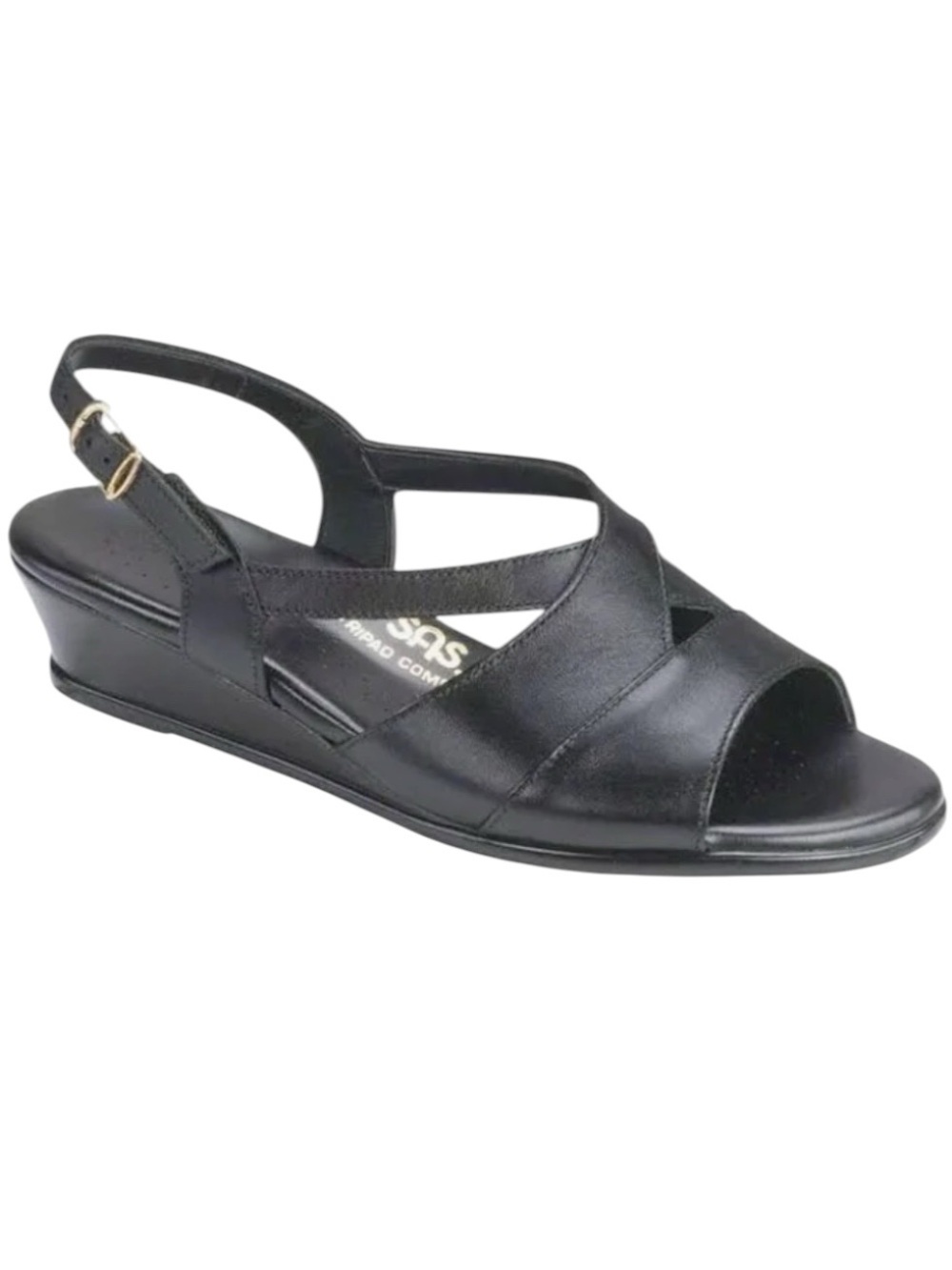 SAS Caress Sandals Size 9.5 WW Slingback Peep Toe Wedge Heel Black Leather NEW